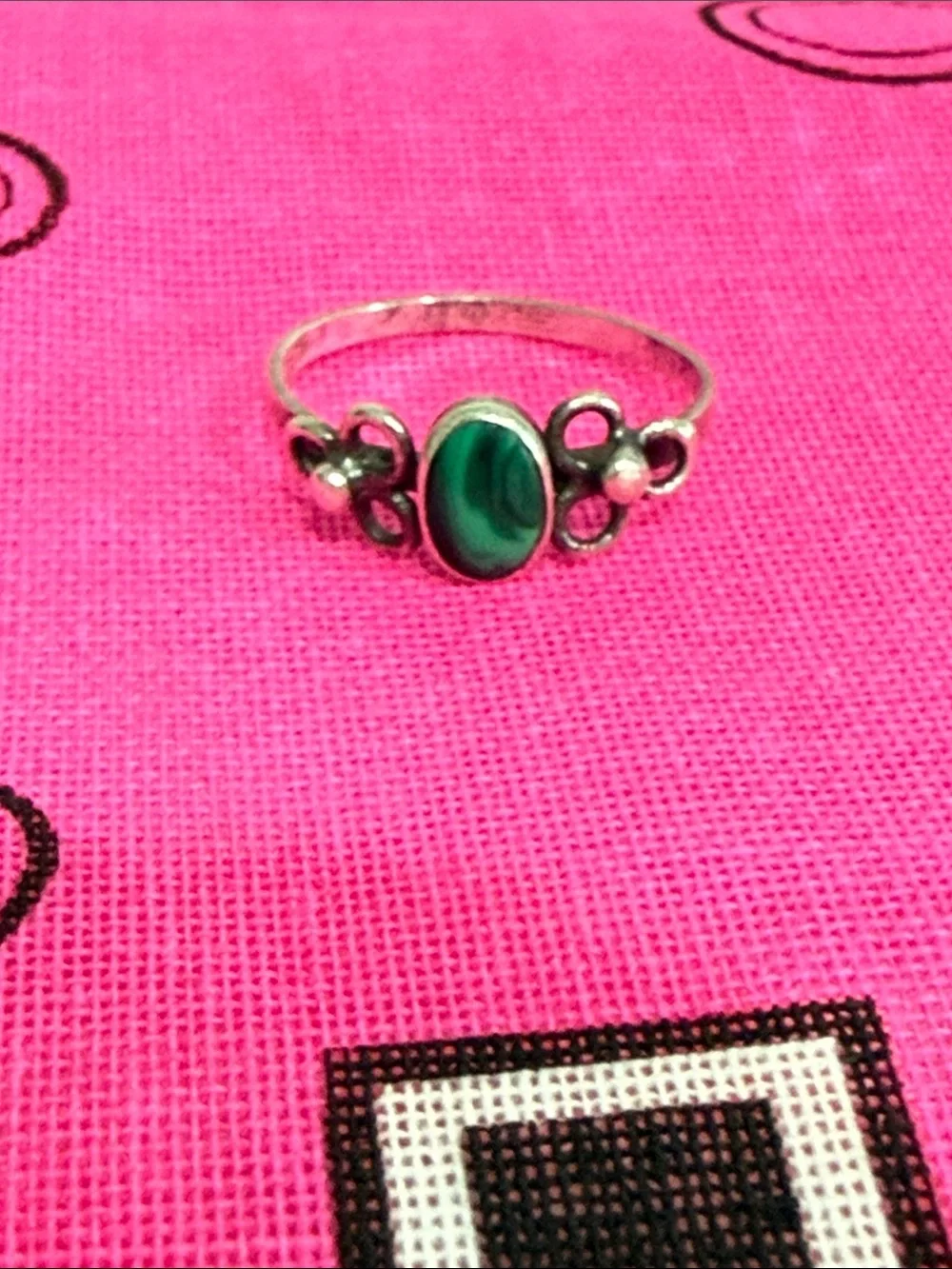 Vintage Southwestern Silver Toddler Baby  Ring  Green Oval Stone Floral Accents
